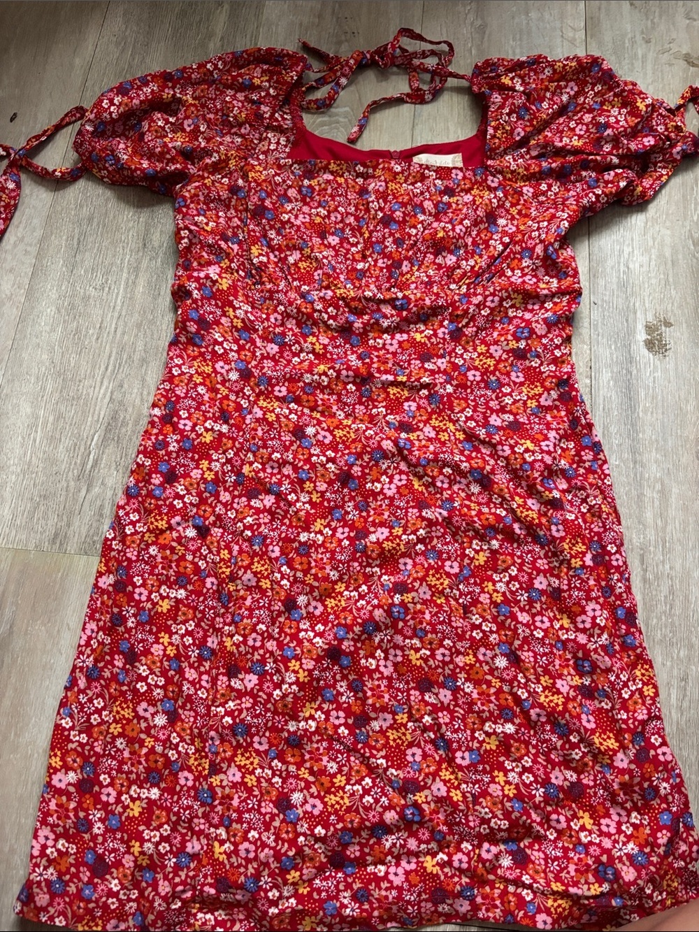 Altar'd State Red Floral Puff-Sleeve Square-Neck Dress